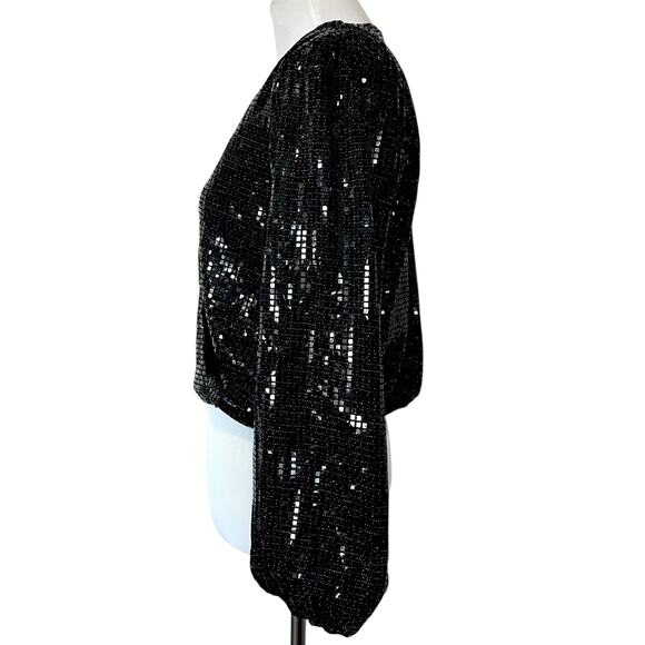 Womens Black Sequin Top Wrap Style V-Neck Long Balloon Sleeves Party Glam Sz M - Picture 4 of 8